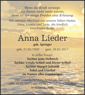 Traueranzeige von Anna Lieder von Super Sonntag Wittenberg