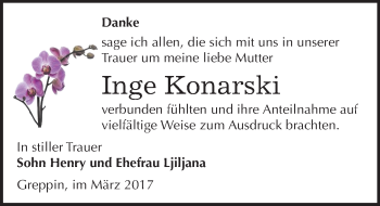 Traueranzeige von Inge Konarski von Mitteldeutsche Zeitung Bitterfeld
