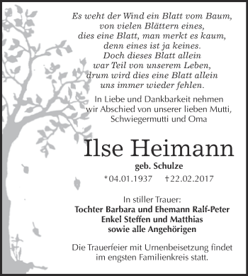 Traueranzeige von Ilse Heimann von WVG - Wochenspiegel Bitterfeld