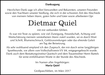Traueranzeige von Dietmar Quiel von Mitteldeutsche Zeitung Köthen