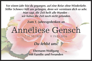 Traueranzeige von Anneliese Gensch von WVG - Wochenspiegel Dessau / Köthen