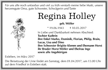 Traueranzeige von Regina Holley von Mitteldeutsche Zeitung Mansfelder Land