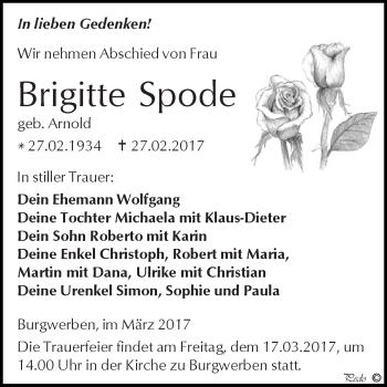 Traueranzeige von Brigitte Spode von WVG - Wochenspiegel NMB / WSF / ZTZ