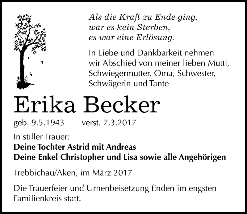  Traueranzeige für Erika Becker vom 09.03.2017 aus Mitteldeutsche Zeitung Köthen