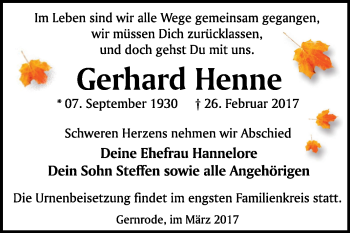 Traueranzeige von Gerhard Henne von Super Sonntag SGH Mansf. Land