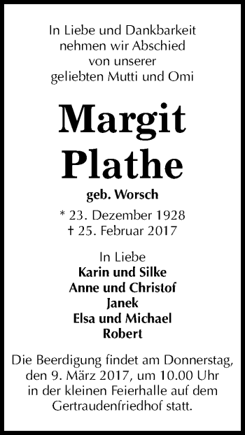 Traueranzeige von Margit Plathe von Mitteldeutsche Zeitung Halle/Saalkreis