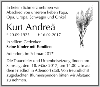 Traueranzeige von Kurt Andreä von Mitteldeutsche Zeitung Mansfelder Land