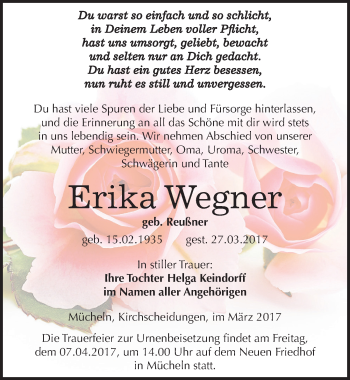Traueranzeige von Erika Wegner von Mitteldeutsche Zeitung Merseburg/Querfurt
