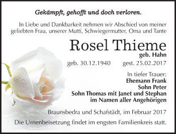 Traueranzeige von Rosel Thieme von Mitteldeutsche Zeitung Merseburg/Querfurt