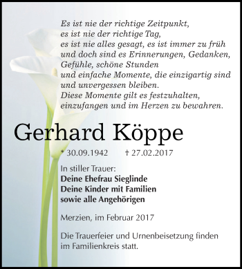 Traueranzeige von Gerhard Köppe von WVG - Wochenspiegel Dessau / Köthen