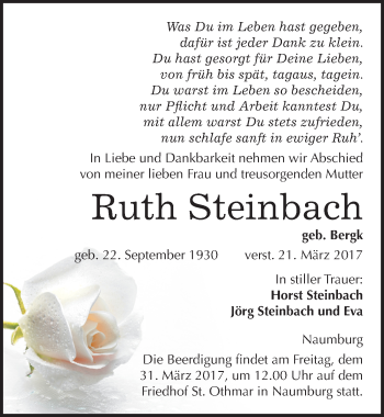 Traueranzeige von Ruth Steinbach von Mitteldeutsche Zeitung Naumburg/Nebra
