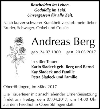 Traueranzeige von Andreas Berg von Mitteldeutsche Zeitung Sangerhausen