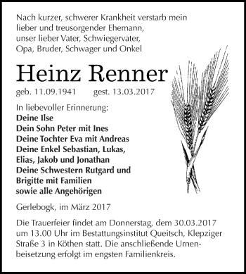 Traueranzeige von Heinz Renner von Super Sonntag Bernburg
