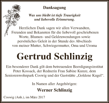 Traueranzeige von Gertrud Schlinzig von Super Sonntag Wittenberg