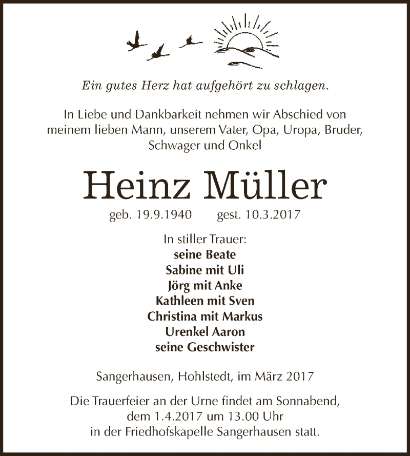  Traueranzeige für Heinz Müller vom 18.03.2017 aus Super Sonntag SGH Mansf. Land
