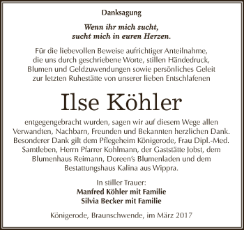 Traueranzeige von Ilse Köhler von Super Sonntag SGH Mansf. Land