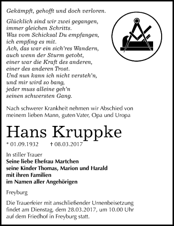 Traueranzeige von Hans Kruppke von Mitteldeutsche Zeitung Naumburg/Nebra