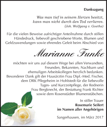 Traueranzeige von Marianne Funke von Mitteldeutsche Zeitung Sangerhausen