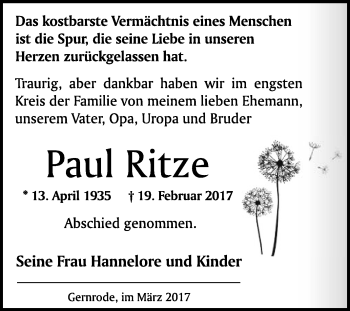 Traueranzeige von Paul Ritze von Super Sonntag Quedlinburg