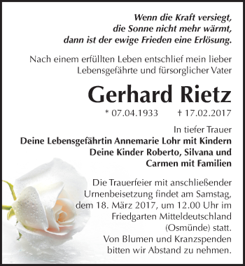 Traueranzeige von Gerhard Rietz von Mitteldeutsche Zeitung Halle/Saalkreis
