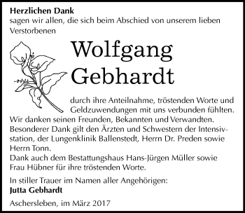 Traueranzeige von Wolfgang Gebhardt von Mitteldeutsche Zeitung Aschersleben