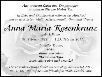 Traueranzeige von Anna Maria Rosenkranz von Mitteldeutsche Zeitung Halle/Saalkreis