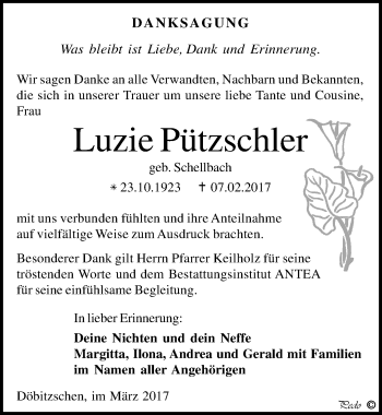 Traueranzeige von Luzie Pützschler von Mitteldeutsche Zeitung Zeitz
