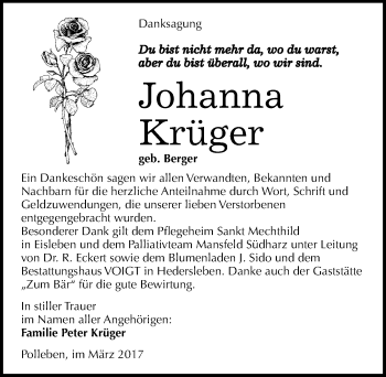 Traueranzeige von Johanna Krüger von Mitteldeutsche Zeitung Mansfelder Land