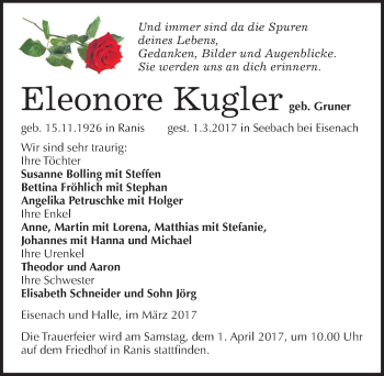 Traueranzeige von Eleonore Kugler von Mitteldeutsche Zeitung Halle/Saalkreis