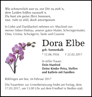 Traueranzeige von Dora Elbe von Super Sonntag SGH Mansf. Land