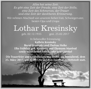 Traueranzeige von Lothar Kresinsky von Mitteldeutsche Zeitung Mansfelder Land