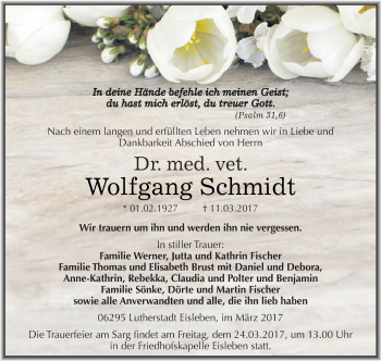 Traueranzeige von Wolfgang Schmidt von Super Sonntag SGH Mansf. Land