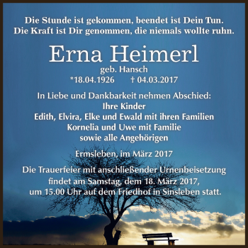 Traueranzeige von Erna Heimerl von Super Sonntag Quedlinburg