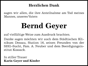 Traueranzeige von Bernd Geyer von Mitteldeutsche Zeitung Dessau-Roßlau