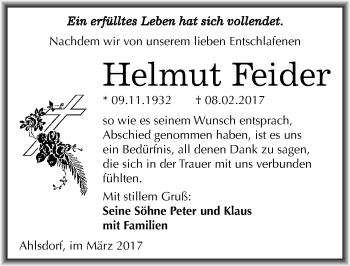 Traueranzeige von Helmut Feider von Mitteldeutsche Zeitung Mansfelder Land
