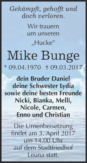 Traueranzeige von Mike Bunge von Super Sonntag Halle