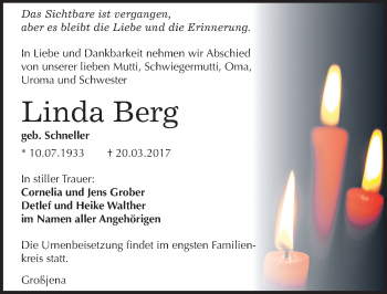 Traueranzeige von Linda Berg von Mitteldeutsche Zeitung Naumburg/Nebra