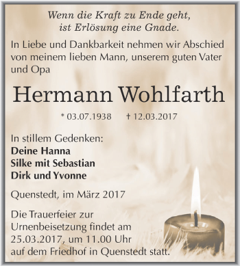 Traueranzeige von Hermann Wohlfarth von Super Sonntag SGH Mansf. Land