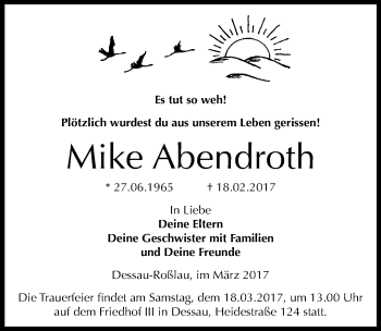 Traueranzeige von Mike Abendroth von Mitteldeutsche Zeitung Dessau-Roßlau