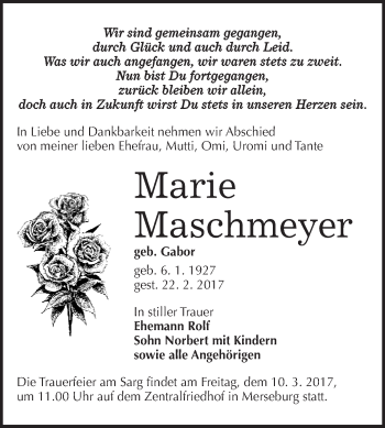 Traueranzeige von Marie Maschmeyer von Super Sonntag Halle