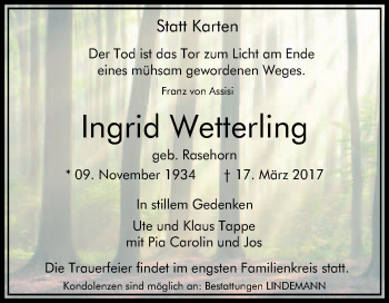 Traueranzeige von Ingrid Wetterling von Super Sonntag Quedlinburg