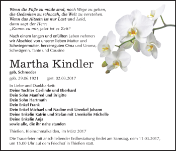 Traueranzeige von Martha Kindler von Mitteldeutsche Zeitung Wittenberg