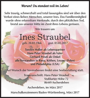 Traueranzeige von Ines Straubel von Mitteldeutsche Zeitung Aschersleben