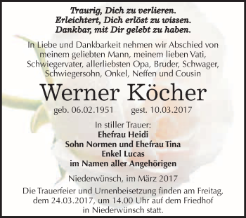 Traueranzeige von Werner Köcher von Super Sonntag Halle