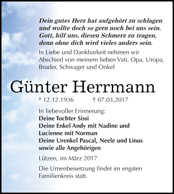 Traueranzeige von Günter Herrmann von WVG - Wochenspiegel NMB / WSF / ZTZ