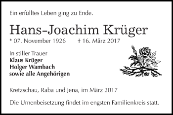 Traueranzeige von Hans-Joachim Krüger von Super Sonntag Zeitz