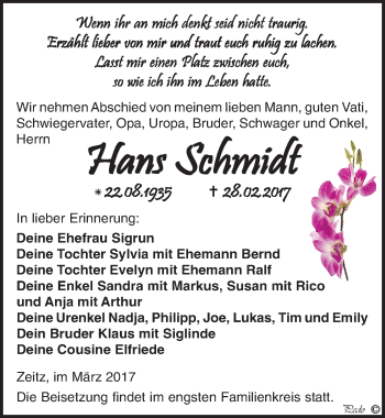 Traueranzeige von Hans Schmidt von Mitteldeutsche Zeitung Zeitz