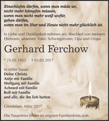 Traueranzeige von Gerhard Ferchow von Super Sonntag SGH Mansf. Land