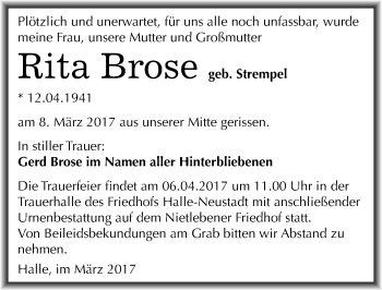 Traueranzeige von Rita Brose von Mitteldeutsche Zeitung Halle/Saalkreis