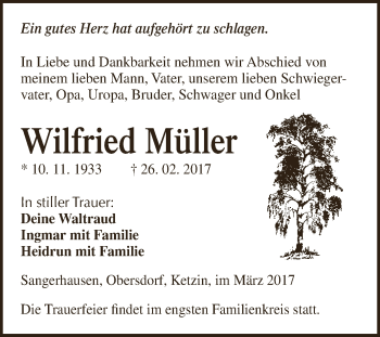 Traueranzeige von Wilfried Müller von Super Sonntag SGH Mansf. Land